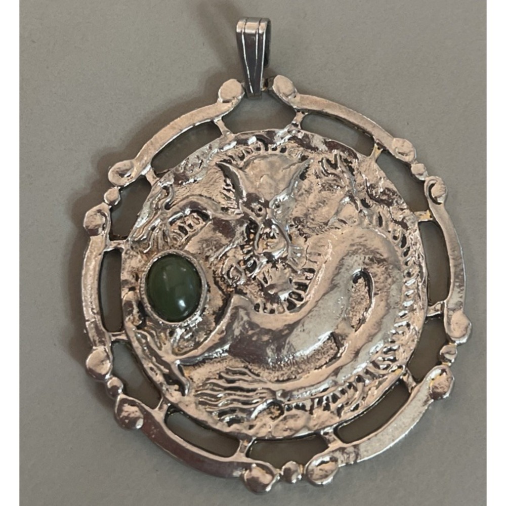 Vintage Dragon Pendant Chinese Zodiac Silver Toned 2" Diameter 1 Green Stone